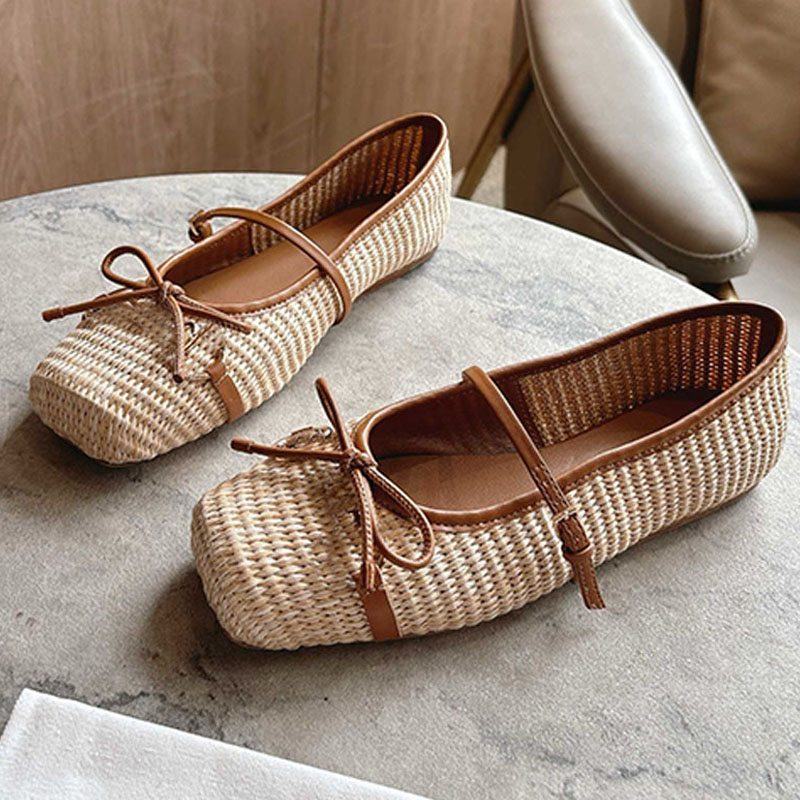 Womens Horsebit woven Raffia ballet flat Shoes personality squared tucked toe cap Leather bow detail Elegant ladies Raffia ballet flat casual sandal