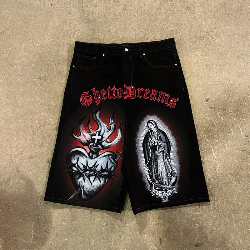 Y2K Fashion Vintage Jeans Flame Cross Heart Pattern Printing Casual Comfortable Denim Shorts Men Women Hip Hop Trend Streetwear 251205