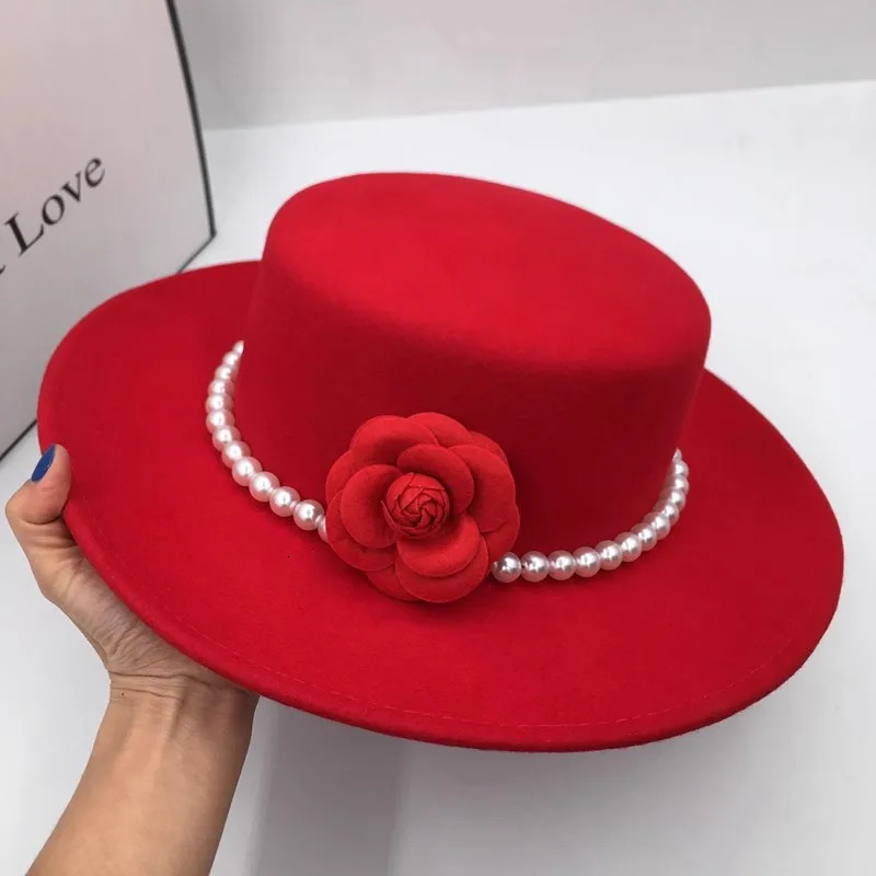 French Style Fedora Hat for Women 10CM Wide Brim Flat Top Felt Hat Winter Autumn Derby Wedding Jazz Hats 251204