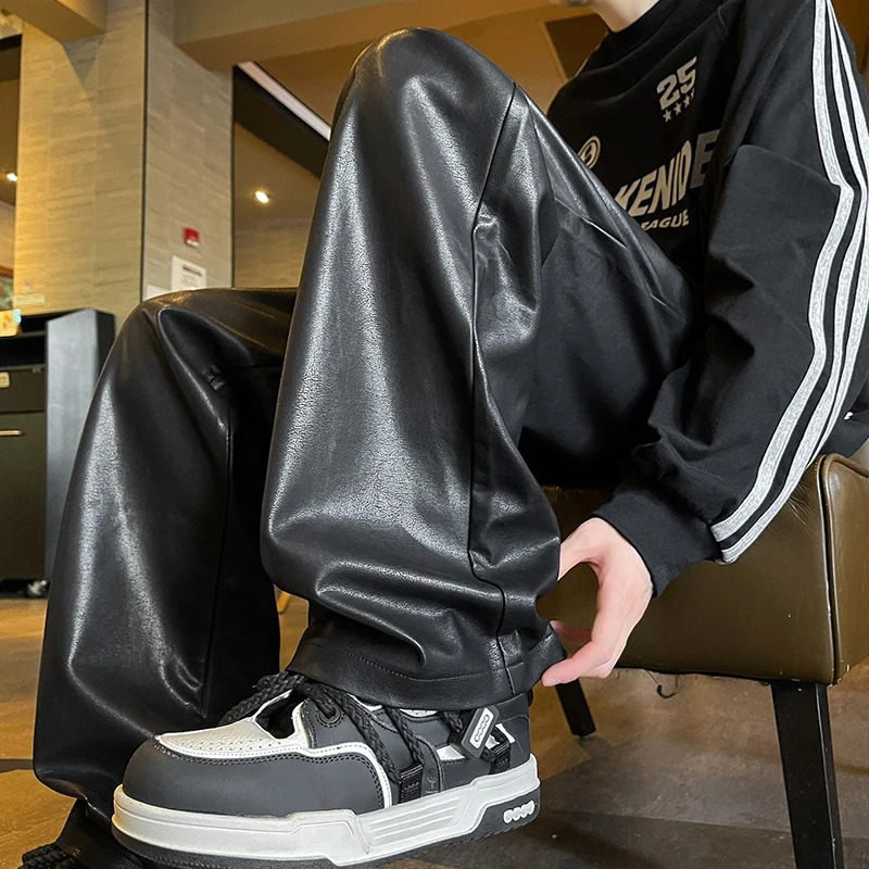 Mens PU Leather pants Fashion baggy Motorcycle Pants Men Wide-leg Mopping Trousers All-match Windproof Plus Size 8XL-M 251205