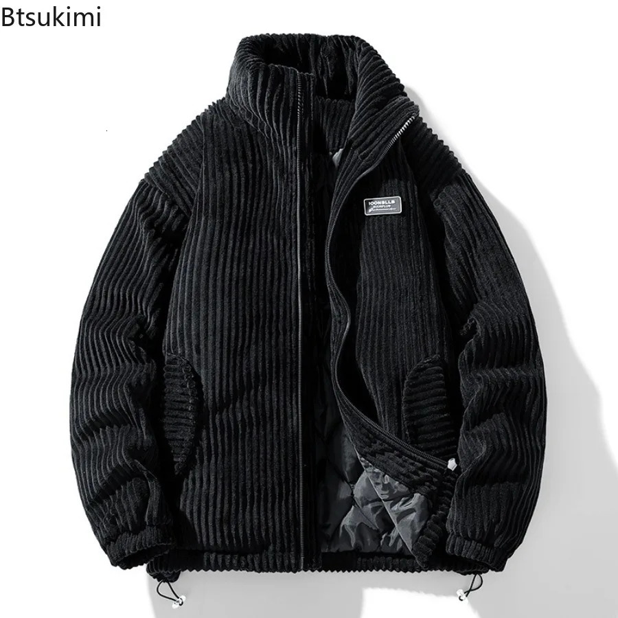 Winter Fashion Casual Parkas for Men Stand Collar Solid Color Outerwear Corduroy Thicken Warm Jacket Cotton-padded Jacket 251205