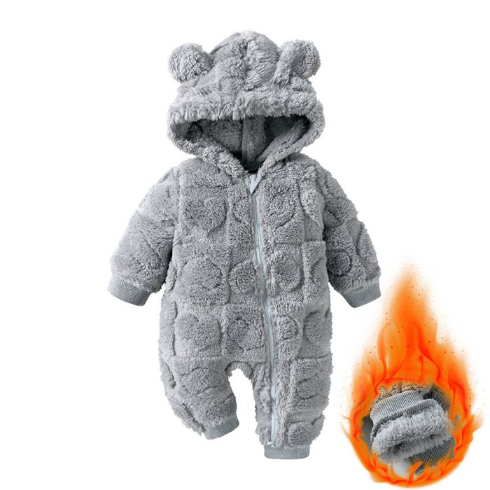K818 Newborn Pajamas Baby Boys Girls Clothes Cute Teddy Bear Infant Hoodie Romper Warm Thicken Zipper Jumpsuit Solid Color Baby Crawl Suit Newborn W