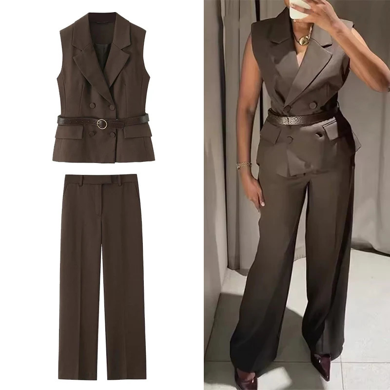Women Pants Fashiontwo-piece set Women Sexy V-Neck With Belt Top wide-leg Pants 2 Pieces Sets Elegant Women Suit 251204
