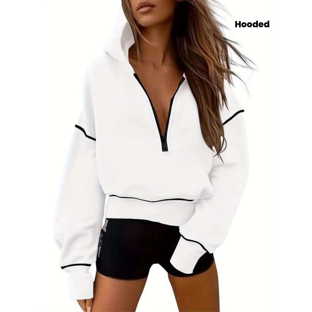 Pull à capuche court à manches longues et demi-fermeture éclair pour femme, vêtement d'hiver à la mode