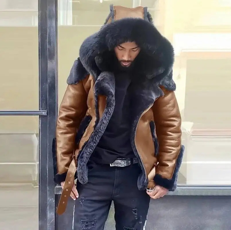 Leather Coat Winter Large Size With Fur Collar And Long Sleeve Wool Lining Casual Mens Jacket 251205BJ