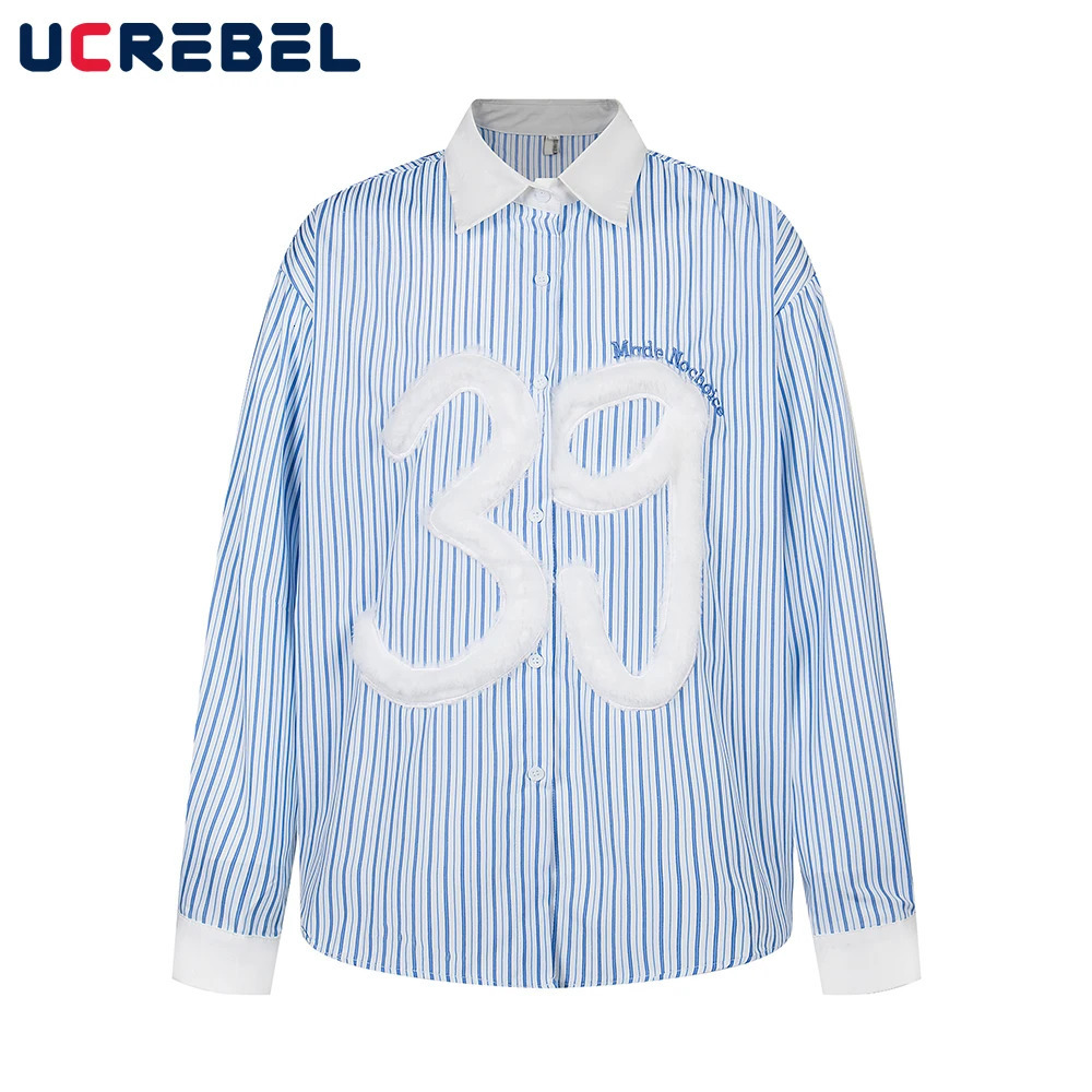 Letter Embroidery Striped Long Sleeve Shirts Mens Spliced High Street Autumn Lapel Single Breasted Cotton Shirts Men 251205