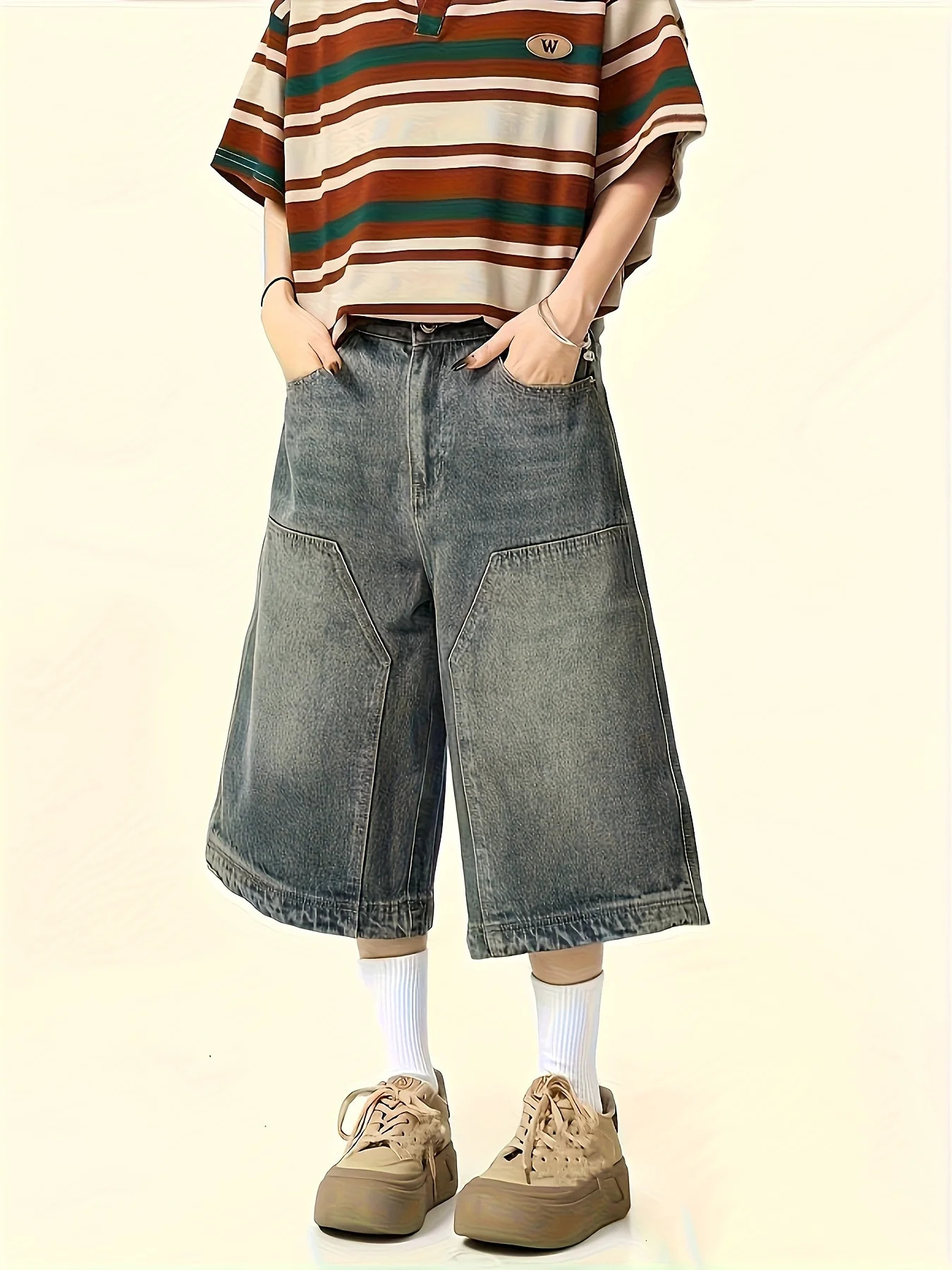 Short en denim délavé rétro américain pour hommes et femmes, été, ample, droit, décontracté, jambes larges, polyvalent, pantalon court, tendance