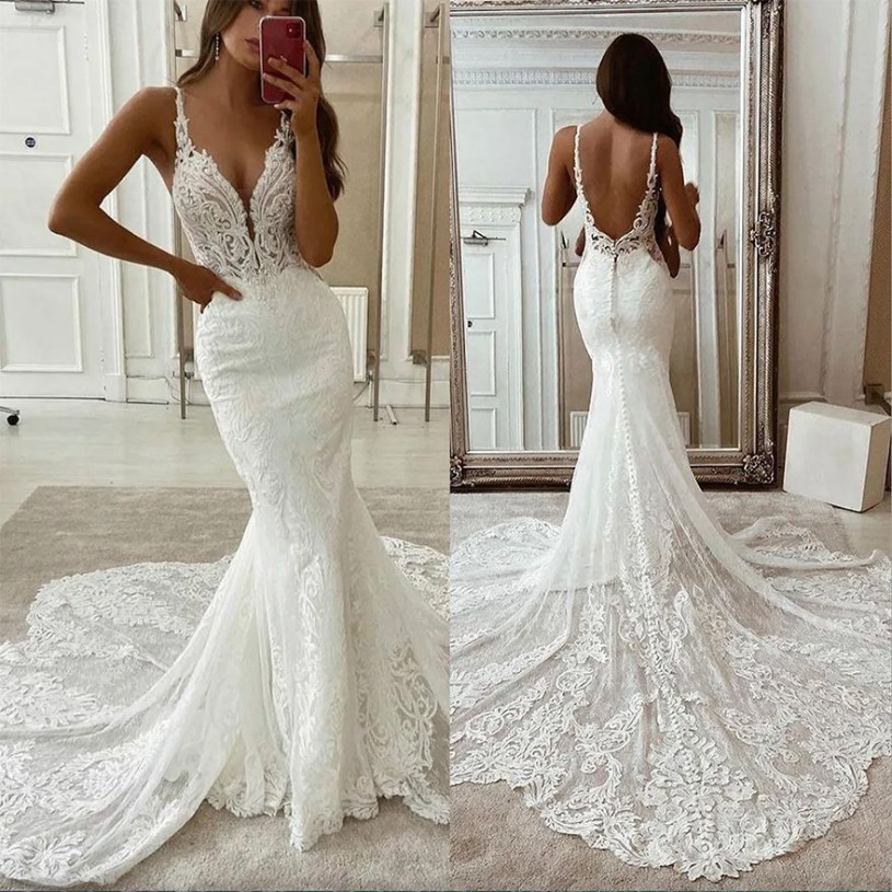 Gorgeous Lace Mermaid Wedding Dresses Sweep Train Spaghetti Straps Custom Made Plunging V Neck Beach Wedding Gown Vestidos de novia D05