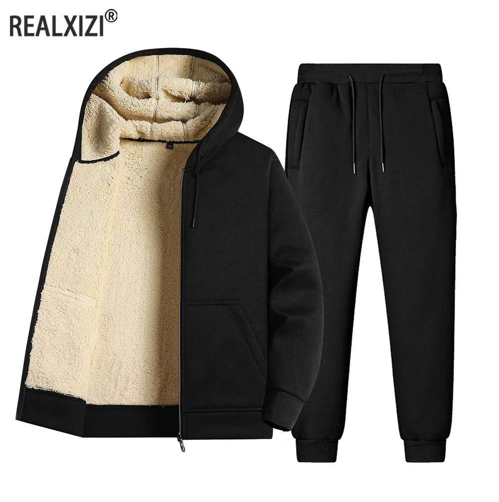 Hommes Survêtement Ensembles Lambswool Épaissir Veste Chaude Pantalon Long Zipper Sweat Manteau Pantalon En Plein Air Casual Polaire Sportswear 2