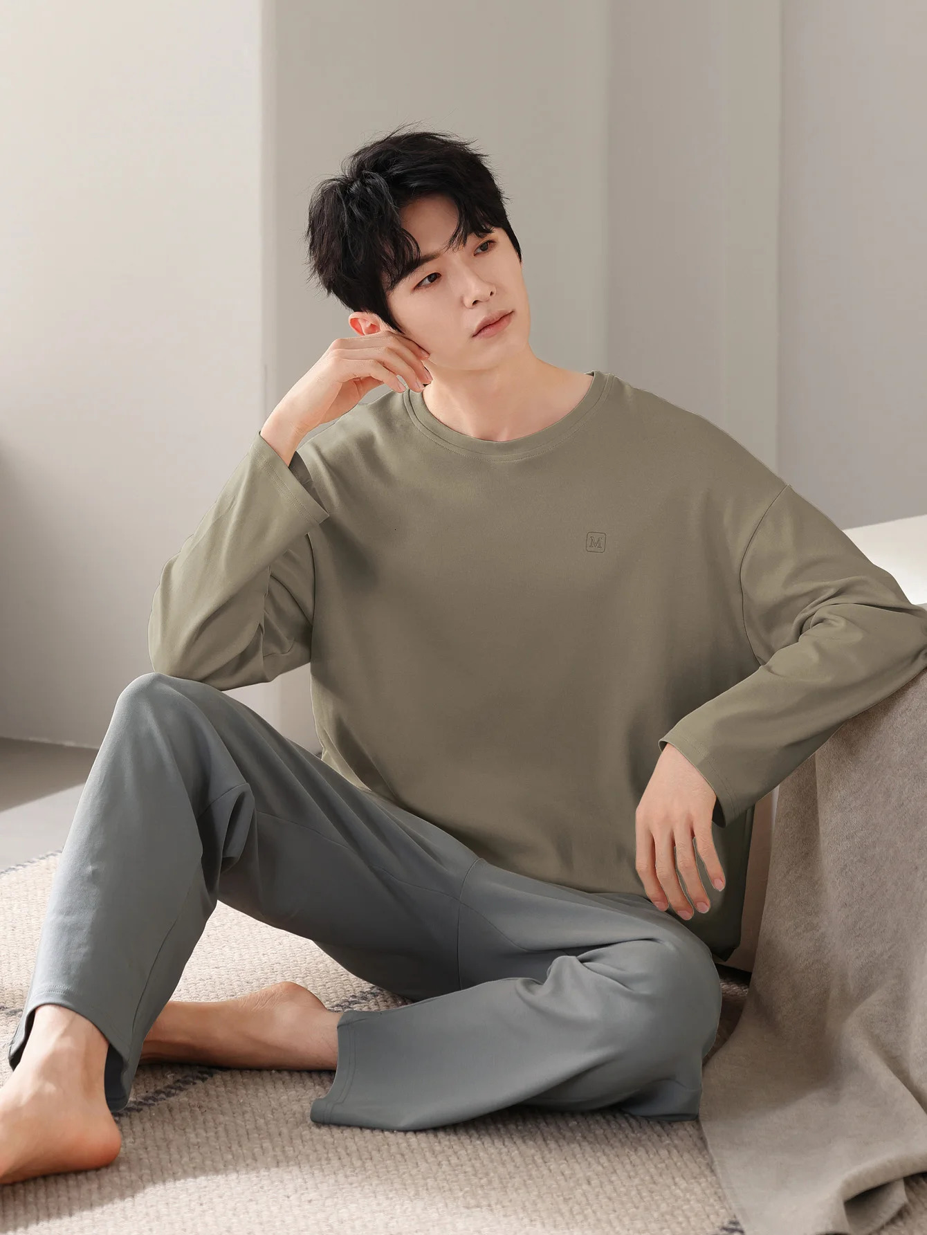 Mens 100 cotton long sleeved four season plus size mens sleepwear teenage pure cotton home suit set for warmth 251204