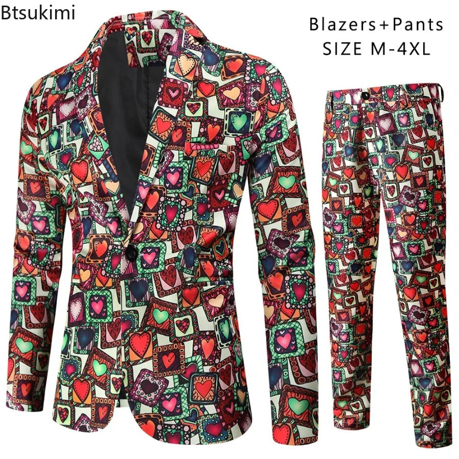 Fête de Noël Hommes Costume Ensembles Flocon De Neige Père Noël Mignon Drôle Imprimer Blazer Veste Pantalon Saint Valentin Mariage Mode 2 Pièces