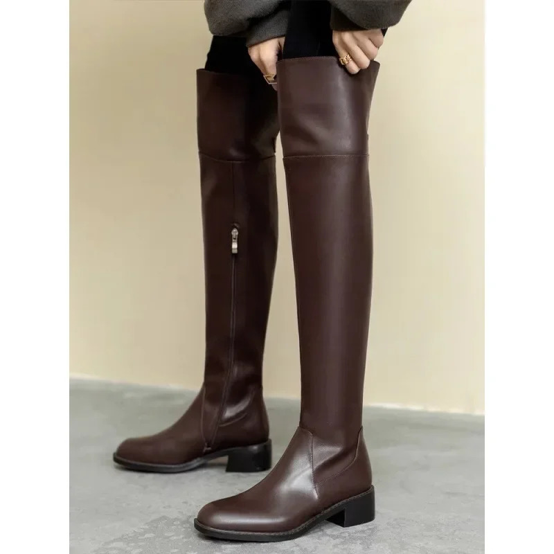 Brown over Knee High Boots Womens Of The Season Autumn Winter High Heel Genuine Leather Thick Leg Large Tube Plump 251204