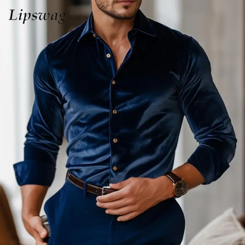 Vintage Mens Velvet Shirt Tops Autumn Winter Business Casual Solid Color Shirts Men Clothing Classic Button-up Lapel Cardigans 251205