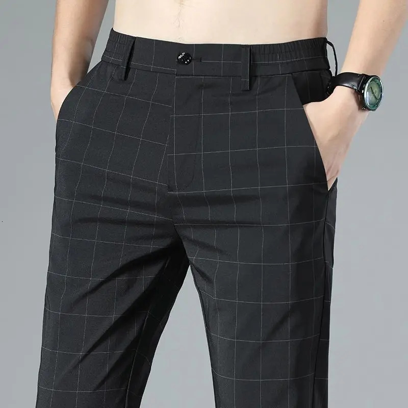 Male Suit Trousers Check Cooling Ice Silk Plaid Straight Up Clothes Offer Slacks Mens Summer Pants Fabric 2025 Classic 251128