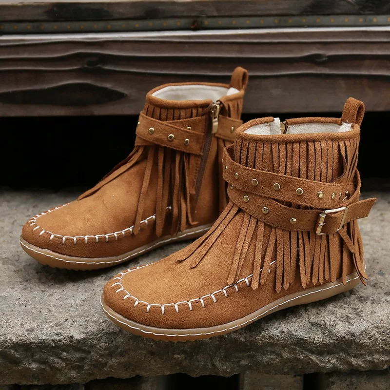 Botines Autumn Women Shoes Flat Heel Ankle Boots Retro Suede Tassel Women Boots Fashion Round Toe Soft Sole Short Boots Casual 251204