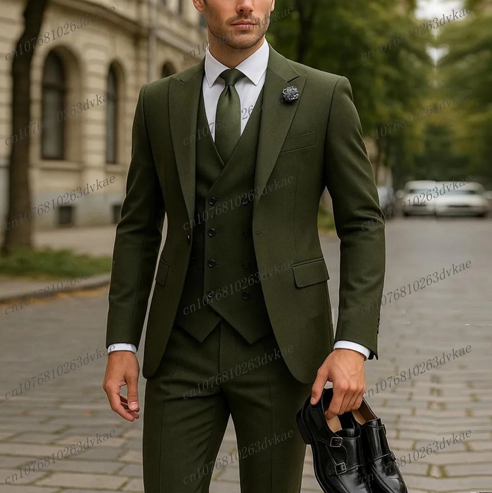 Costume vert armée pour hommes, costume de fête de mariage, marié formel, bal d'affaires, Tuxedos, ensemble 3 pièces, veste, gilet et pantalon, 2