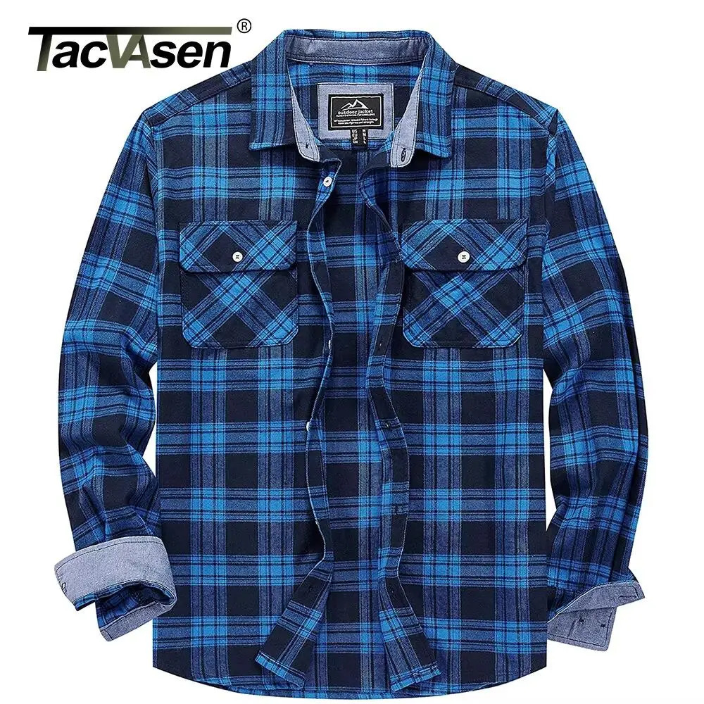TACVASEN surdimensionné décontracté boutonné coton chemises à carreaux hommes à manches longues chemises en flanelle 2 poches Streetwear chemise