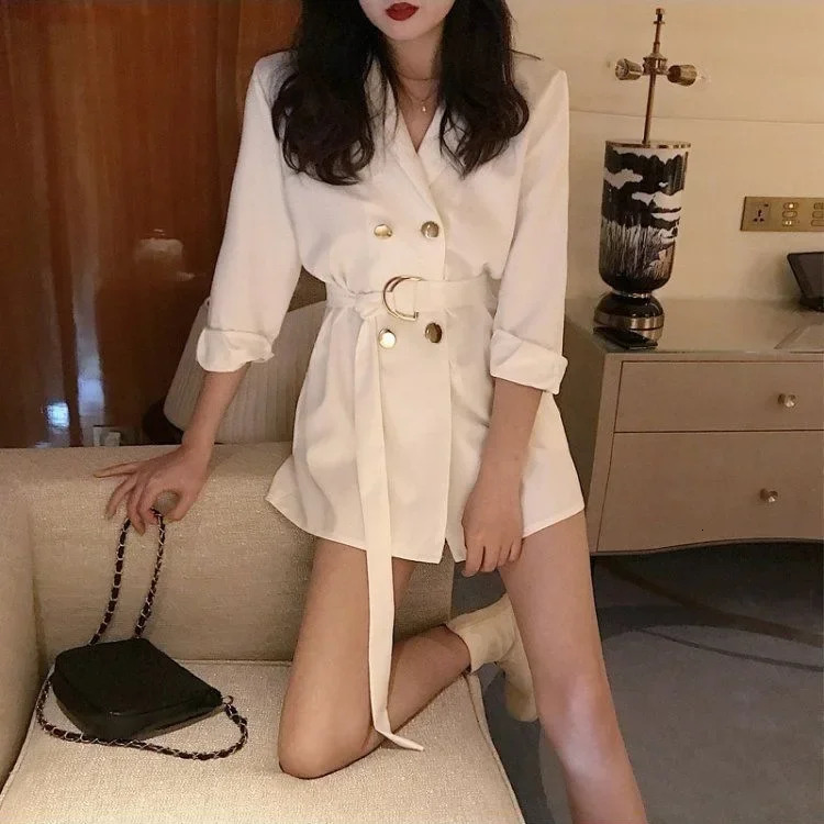 Tie Waist Suit Jacket Double Breasted Flip Collar Loose Top Womens Fashion Autumn Wear Korean Style Polyester Fiber 251204