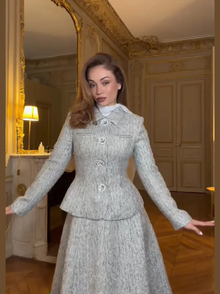 Élégant manteau en laine robe costume femmes Chic revers Tweed à manches longues Slim Fit bureau ensemble automne dame trajet quotidien tenue 251