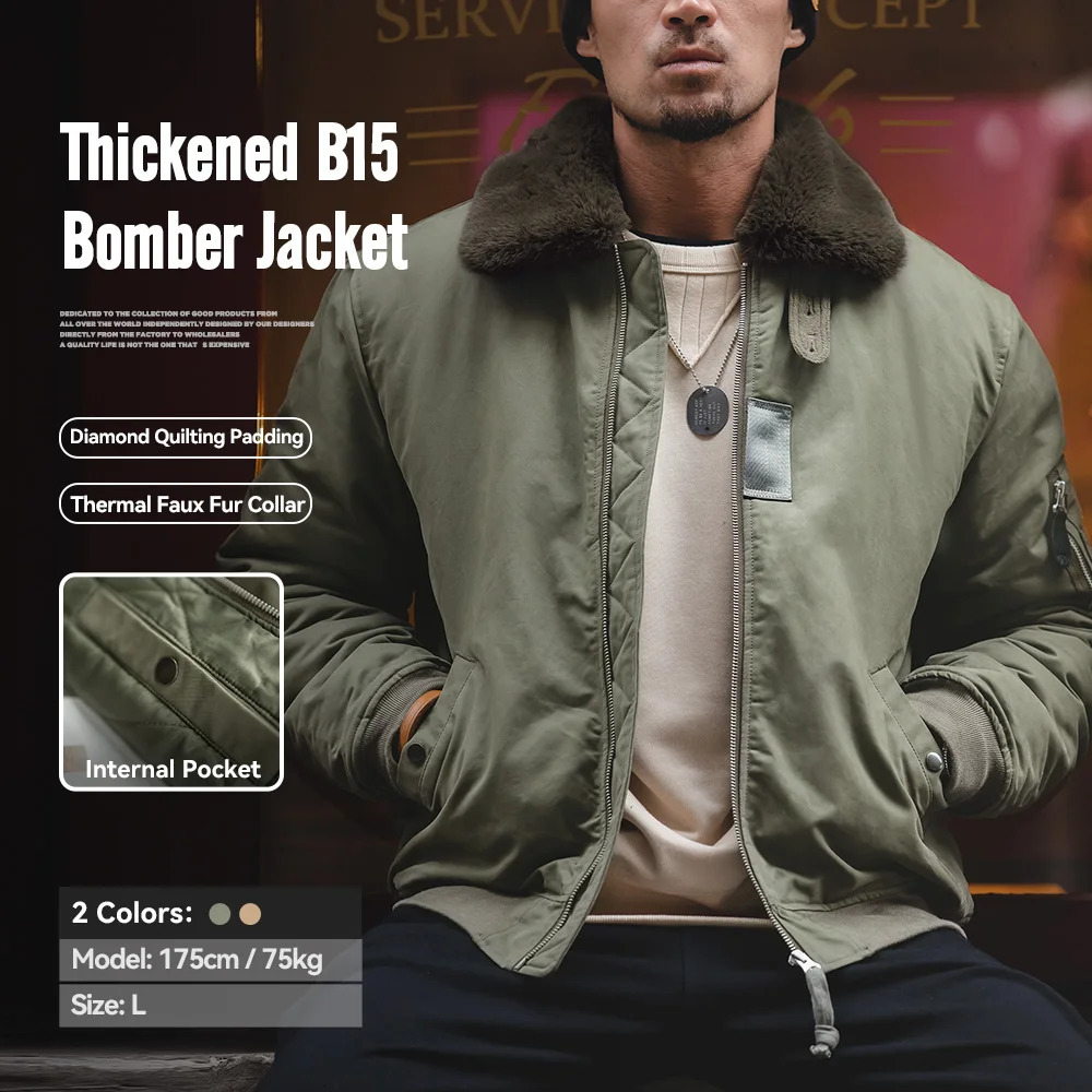 Maden Vintage B15 Bomber Jacket for Men Faux Rabbit Fur Lapel Signature Arm Pocket Winter Thickened Warm Windproof Coat Parkas 251205