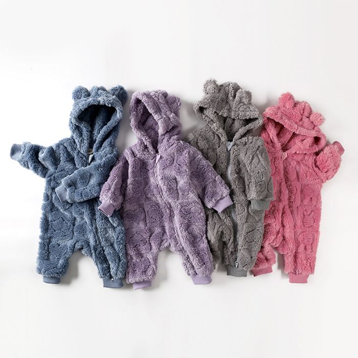 K823 Newborn Pajamas Baby Boys Girls Clothes Cute Teddy Bear Infant Hoodie Romper Warm Thicken Zipper Jumpsuit Solid Color Baby Crawl Suit Newborn W
