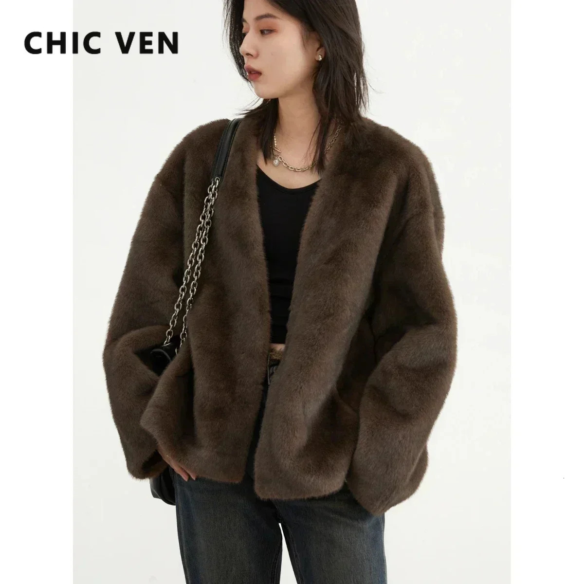 CHIC VEN femmes veste ample décontracté solide pardessus femme en peluche manteau col en v femme vêtements d'extérieur automne hiver 251205