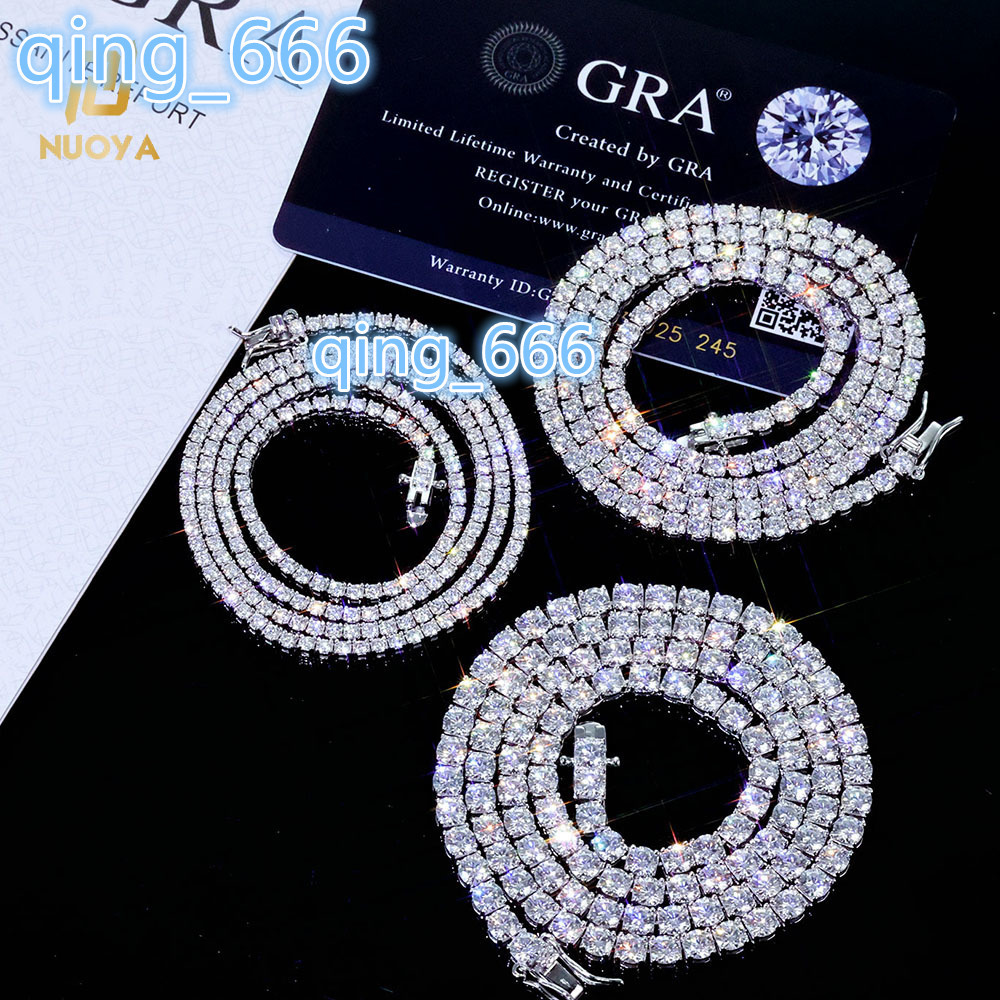 2026NUOYA Hip Hop Jewelry 925 Silver VVS Moissanite Tennis Chain Necklace 2/3/4 MM Iced Out Diamond Tennis Chain Pass Diamond Test