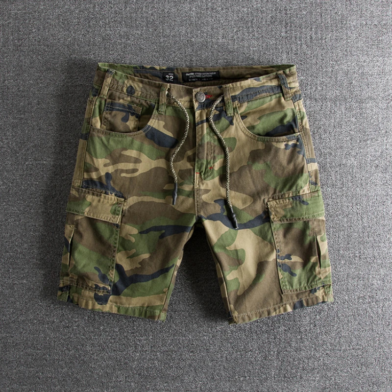 Summer American Retro Camouflage Cargo Shorts Mens Fashion 100 Cotton Washed Drawstring Multi-pocket Casual 5-point Pants 251205