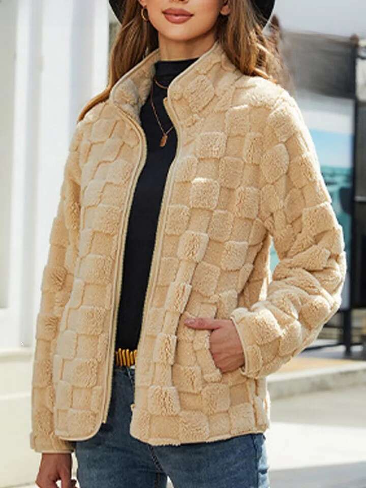 Mode 2026 Fairyshely solide automne hiver veste bouffante femmes épais en peluche à manches longues chaud dame doux fermeture éclair Plaid col ha