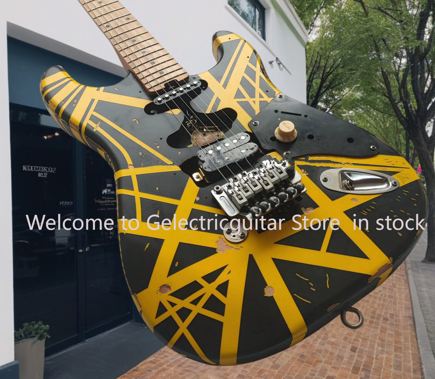 hot Fran-k electric guitar, black body, yellow stripe trim, car reflectors, in stock, free shipping #3698