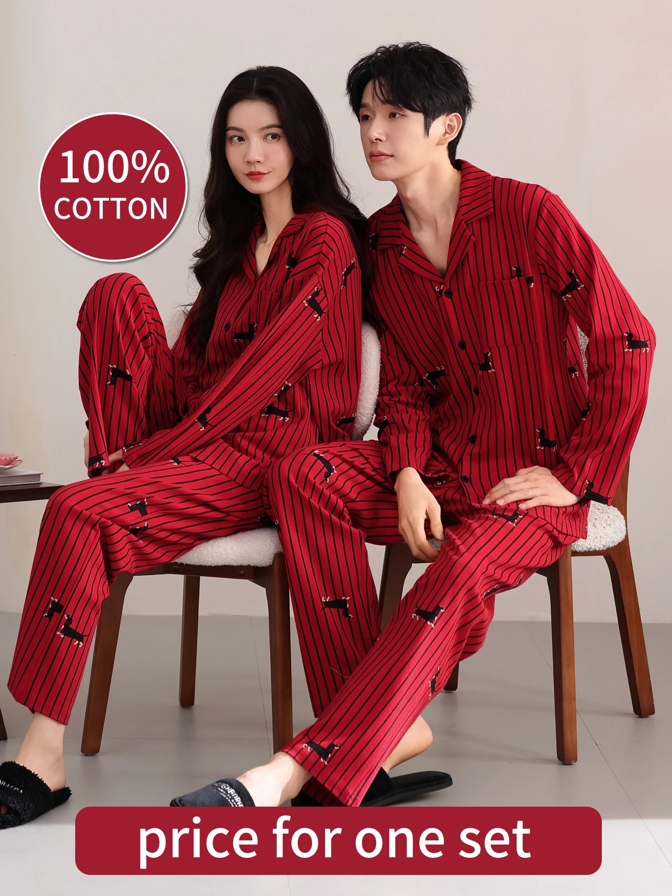 Couples sleepwear set mens or womens 100 cotton long sleeved pants wedding red autumn and winter pure cotton home clothes 251204