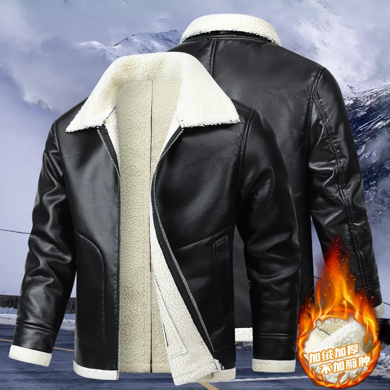 Mens American Windproof Leather Jacket with Integrated Fur and Velvet Leather Jacket Mens Lapel Motorcycle Leather Jacket 251205BJ