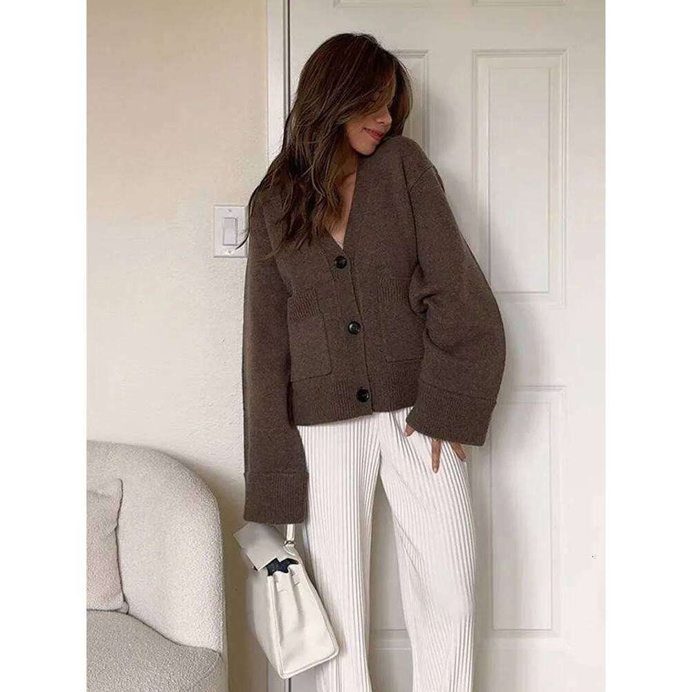 Women's Solid Loose Cardigans Fashion V-Neck Knitted Long Sleeve Sweater With Pocket Lady High Street Outerwear Autumn 2025 New