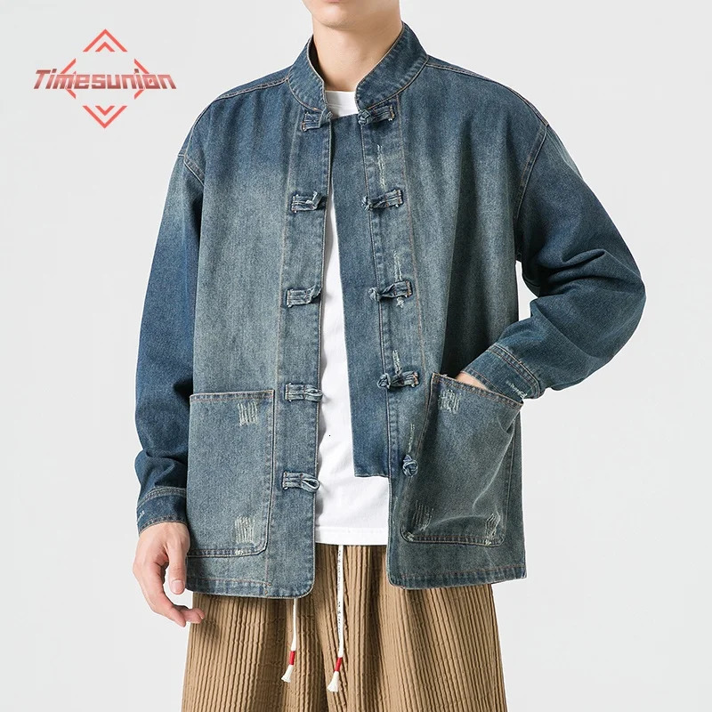 Chinese Style Washed Denim Jackets for Man Spring Autumn Long Sleeved Stand Collar Top Fashion Vintage Ethnic Shirts Coat 251129