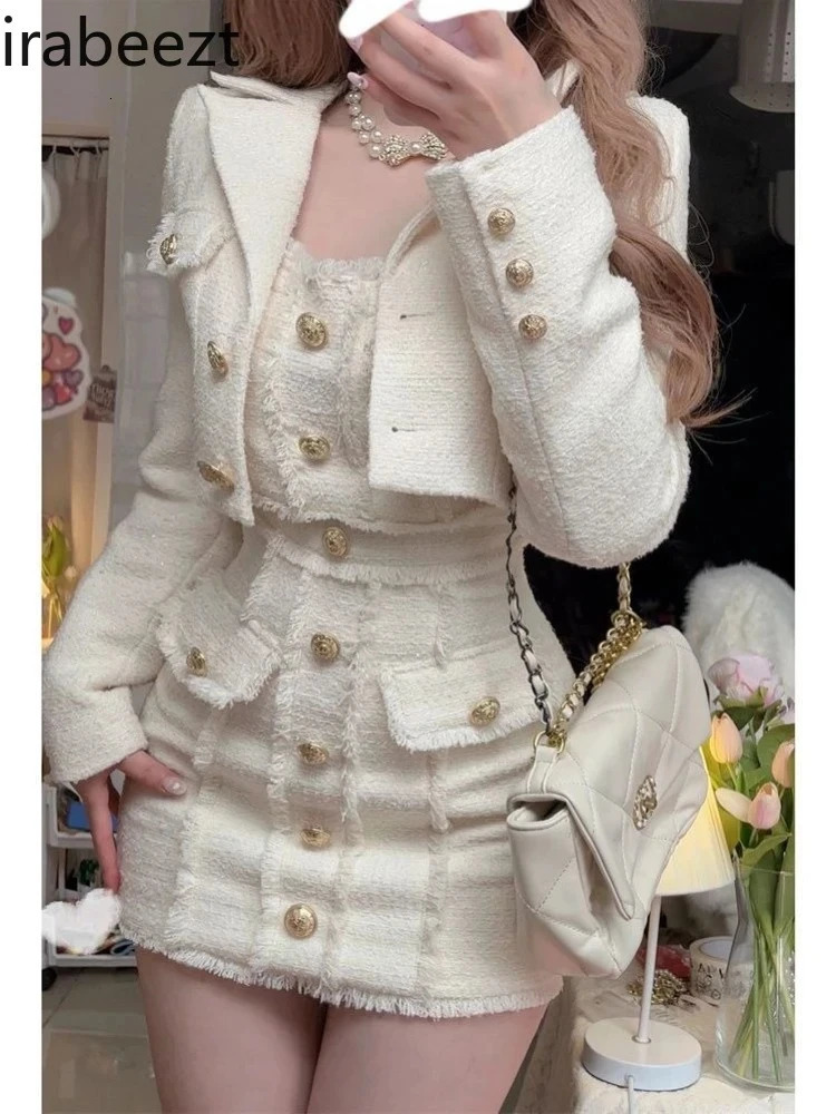 Femmes veste courte en Tweed robe 2 pièces ensemble hiver coupe ajustée taille cintrée tenue dames mode costume bureau Chic 251203