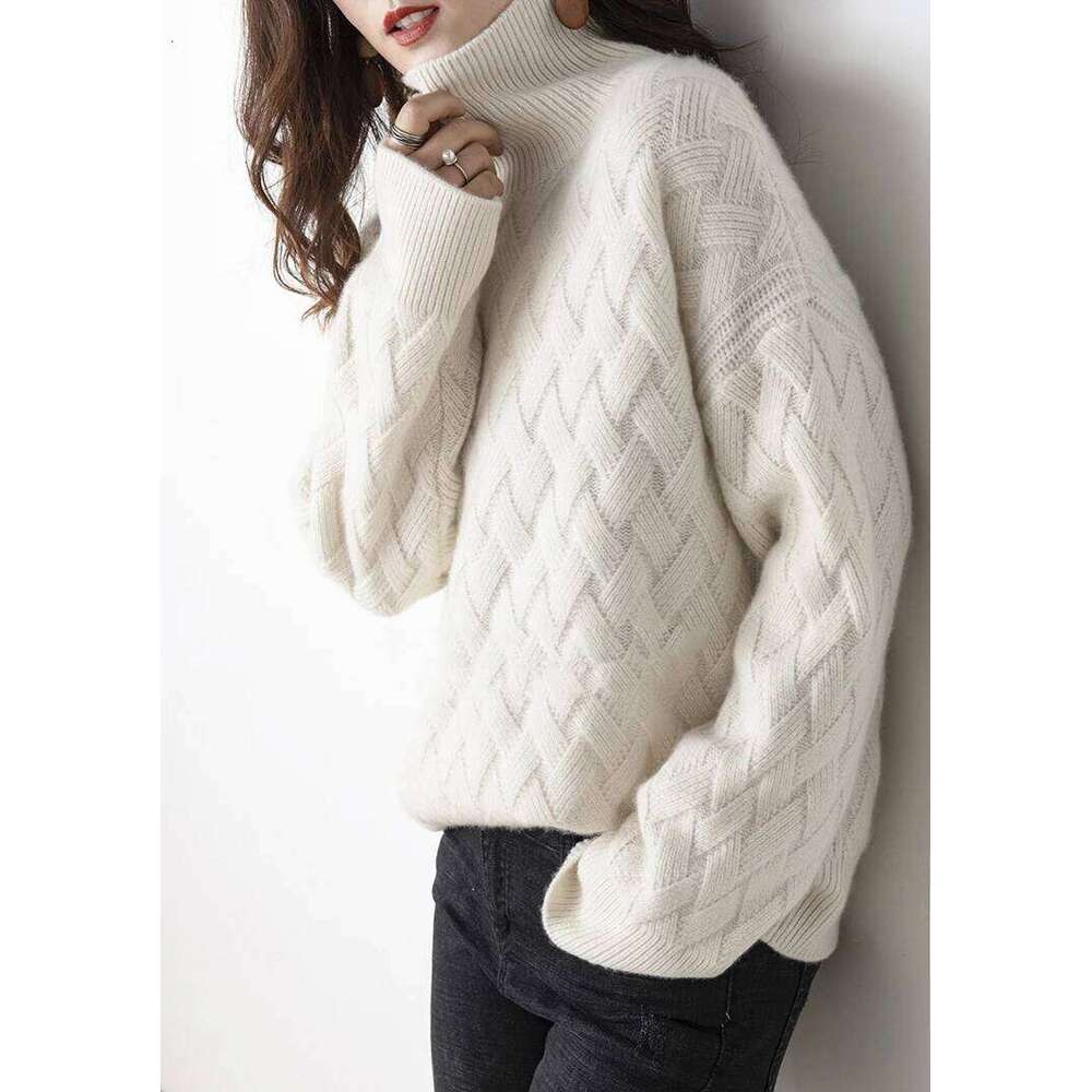 Women's Autumn Winter Thick Mock Neck Pullover 100% Merino Wool Sweater Rhombus Knit Casual Loose Style Cashmere Knitwear