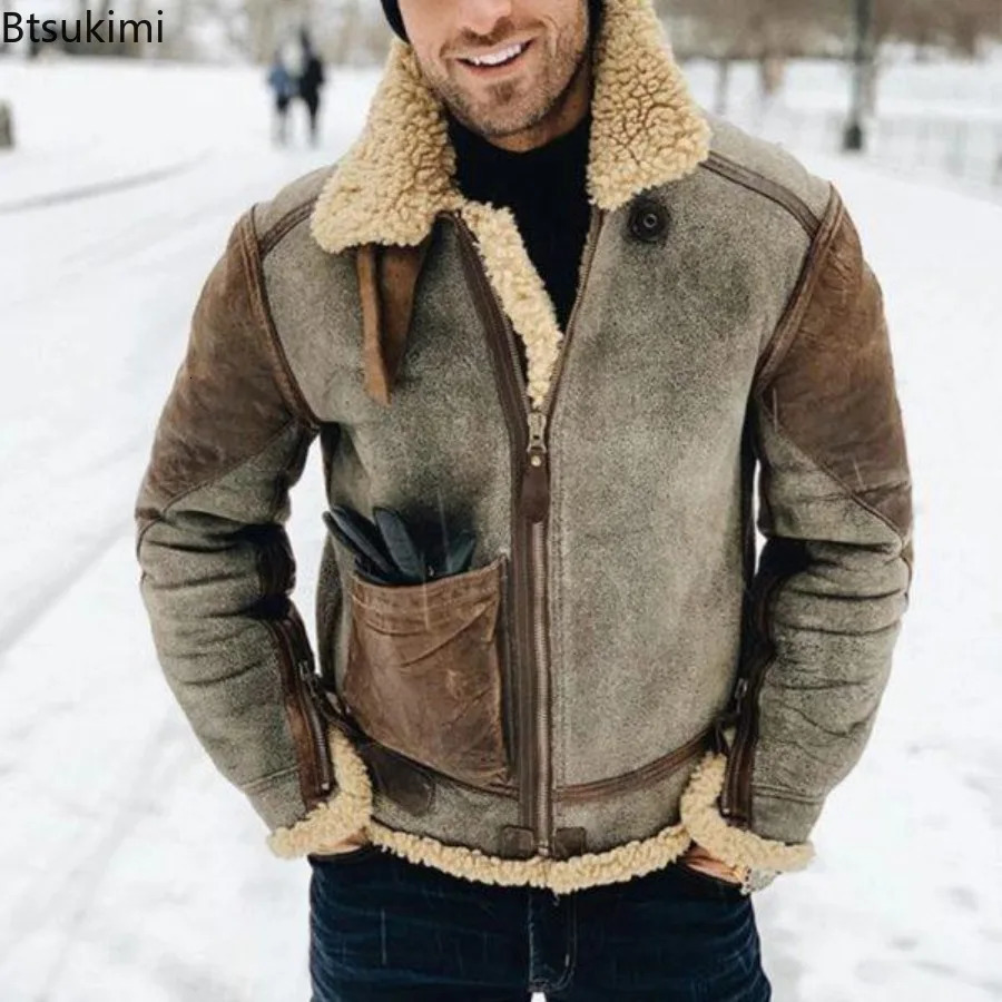 Mens Winter Thick Jacket Warm Faux Leather Warm Coats Fashion Turn Down Collar Contrasting Color Suede Fur One-Piece Jackets 251205BJ