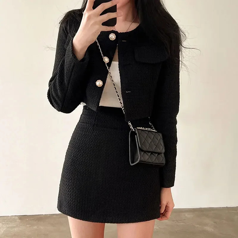 ITOOLIN Femmes Tweed 2 Pièces Ensembles À Manches Longues Boutons De Perles Veste Courte Femmes A-ligne Mini Jupe Ensemble Automne Hiver Tenues 2