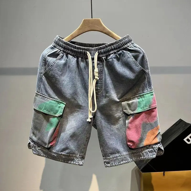 Man Denim Shorts Multi Color Split Hip Hop Short Jeans Pants for Men Drawstring Streetwear Korean Fashion Blue Cut Original Sale 251205
