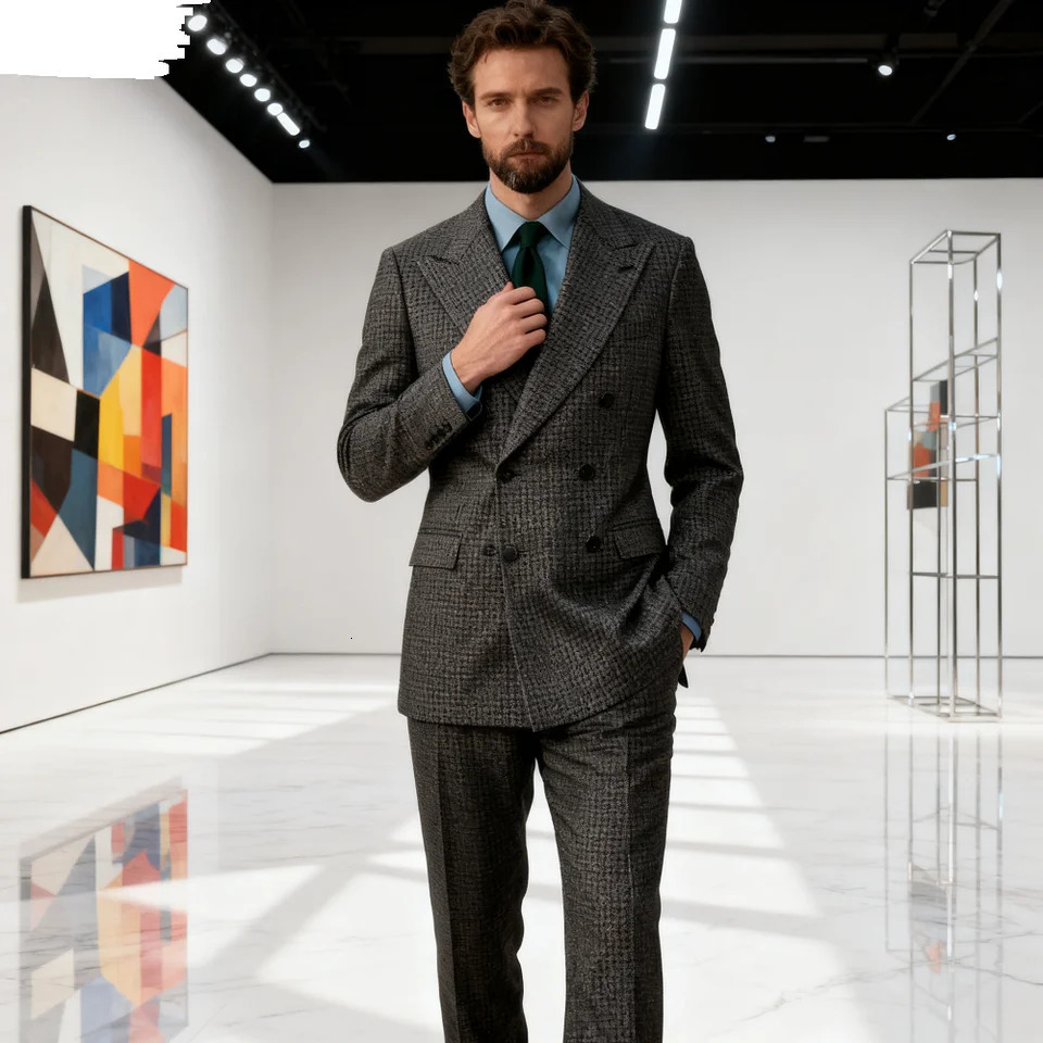 Mens Houndstooth Wool Suit 2-Piece Set Custom-Made Autumn Winter Tern with Jacket And Pants in Beige And Black for Business 251203