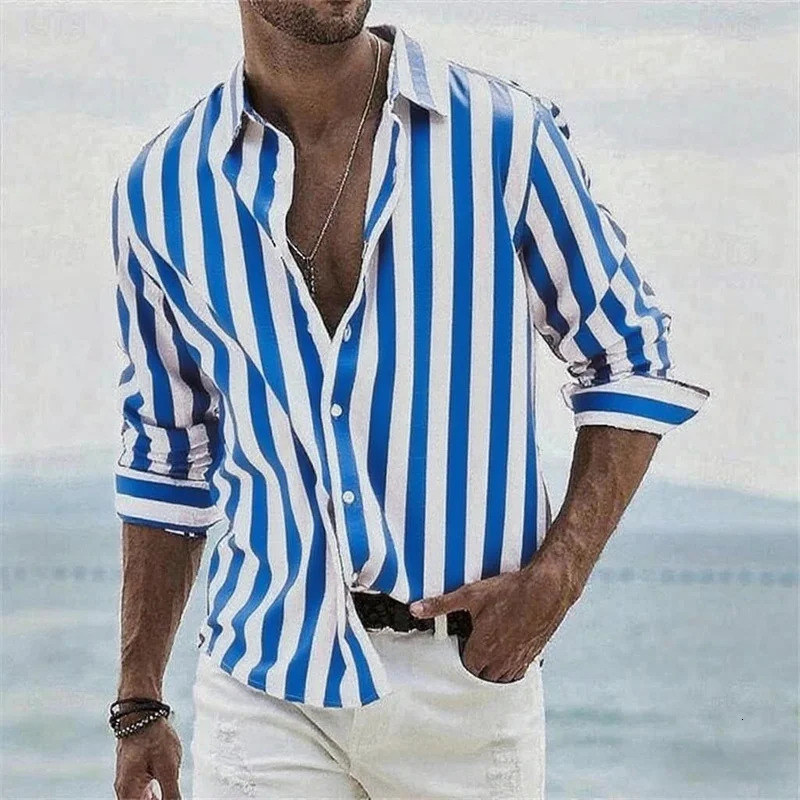 mens long-sleeved blue striped 3D printed shirt high-quality social mens wear fashionable Hawaiian shirt 251205