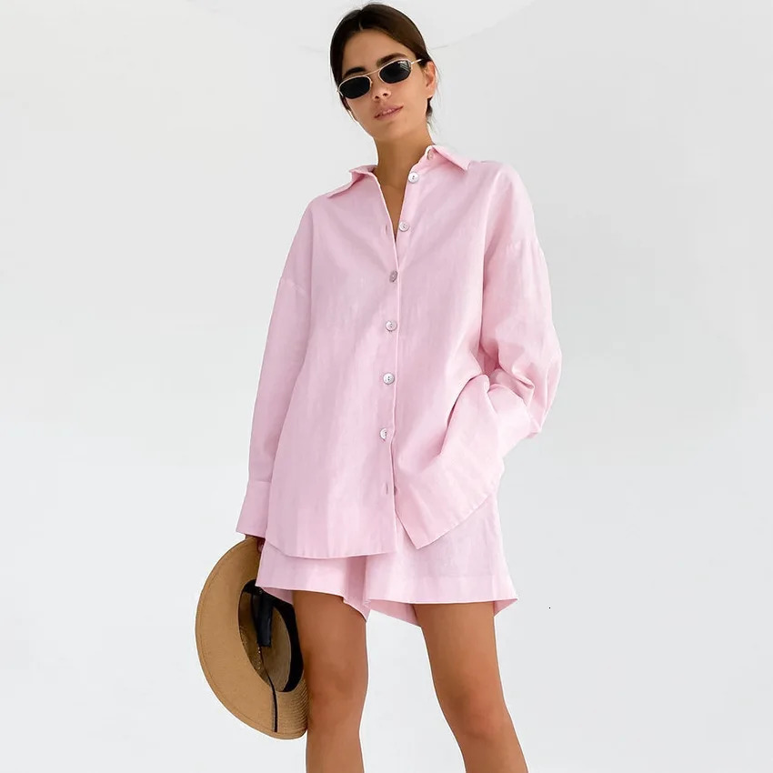 Spring Summer Cotton Linen Loose Shirt Shorts Set Solid Color Lapel Single Breasted Casual Shirt Women Suit Women Set 251204