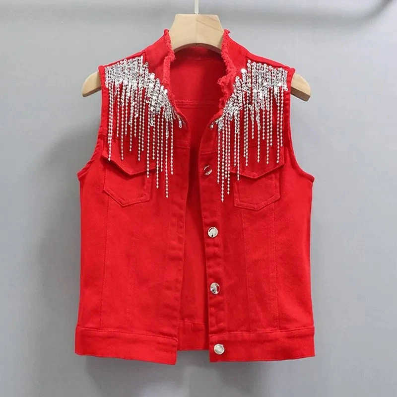 Cowboy gilet femmes 2025 mode version coréenne industrie lourde gland chaîne Sequin haut de taille slim femmes gilet court veste 251129