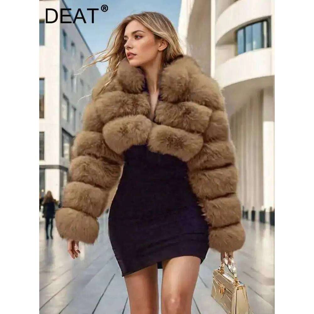 DEAT Fashion Women's Faux Fur Coat Stand Neck Long Sleeve Zipper Short Solid Color Thick Warm Jackets Winter 2024 New 7Ab6434