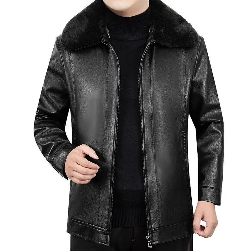 Mens Leather Jacket Removable Fur Collar Thickened PU Leather Coat Casual Business Style Dad Clothes 251205BJ