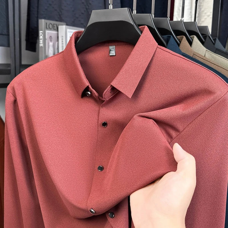 Mens Wool-Blend Dress Shirt Charcoal Gray Business Essential Seamless Technology Non-Iron Tailored Collar All Season Comfort 251204