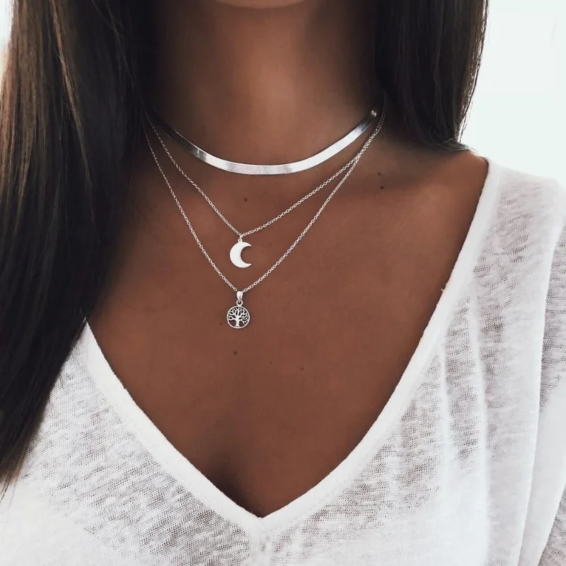 Vintage Multi-layer Moon Tree of Life Pendant Necklace for Women Bohemia Stainless Steel Chokers Necklaces Jewelry 251204