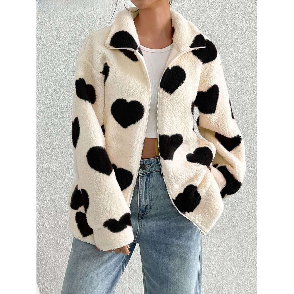 Veste à col haut en peluche pour femme, épaisse, à capuche, chaude, imprimée, manches longues, doux, ample, Cardigan, manteau, mode automne hiver
