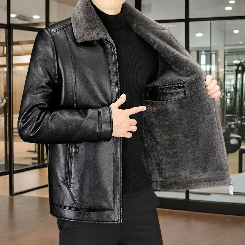 Autumn Winter Mens Leather Turn Down Collar Fleece Lined Jacket Cold Proof Thickened Warm Short Bomber Jacket Coat 251205BJ