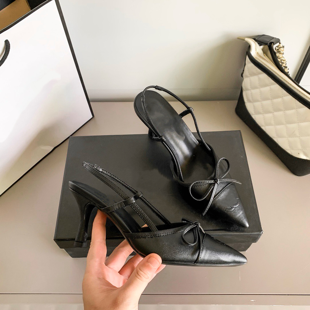 AAAA ss337 C***l Designer 2025 Women's high-heeled sandals, 7.5cm heel, spring new style, stiletto heel, open back, pointed toe, with bow detai